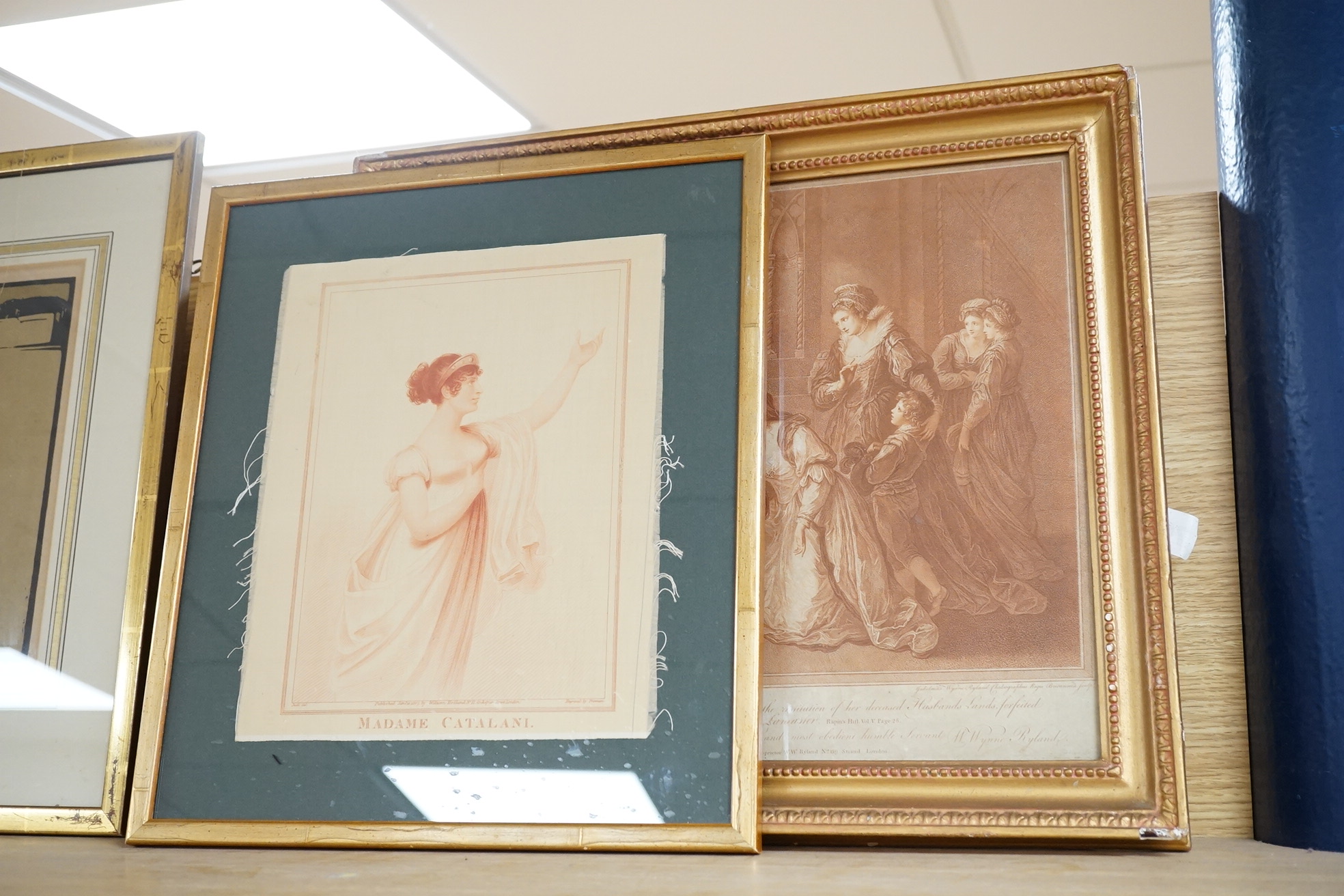 After Angelica Kauffman RA (1741-1807), sanguine engraving, 'Lady Elizabeth Grey imploring Edward VI', published March 1st 1780 together with an engraving on silk, 'Madame Catalani' published January 10th 1807 by William